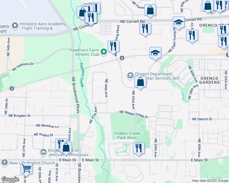 map of restaurants, bars, coffee shops, grocery stores, and more near 5293 Northeast Elam Young Parkway in Hillsboro