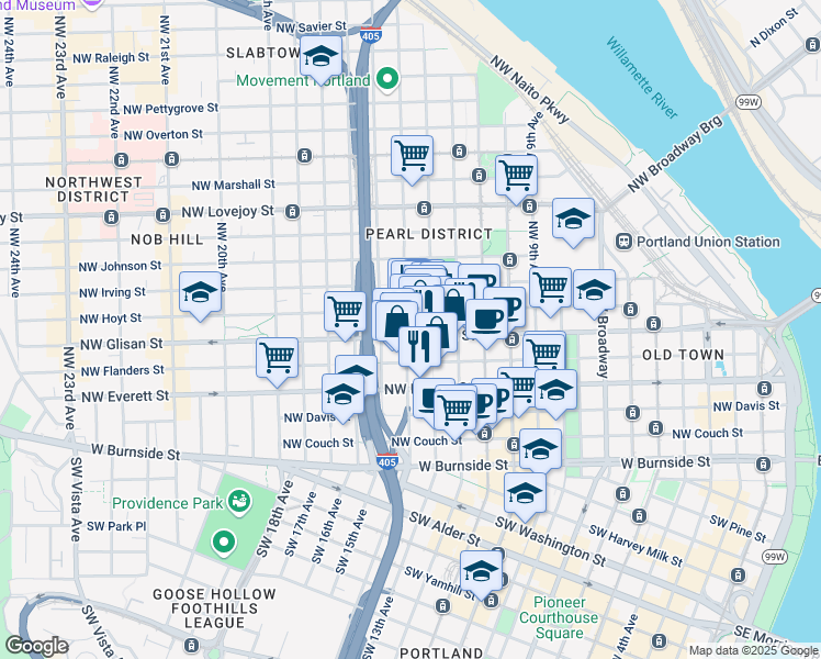 map of restaurants, bars, coffee shops, grocery stores, and more near in Portland