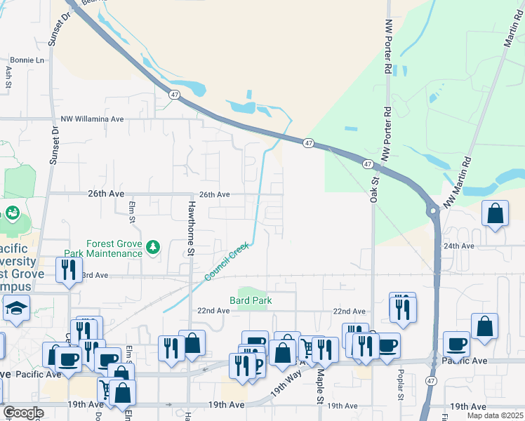 map of restaurants, bars, coffee shops, grocery stores, and more near 2528 Carson Loop in Forest Grove