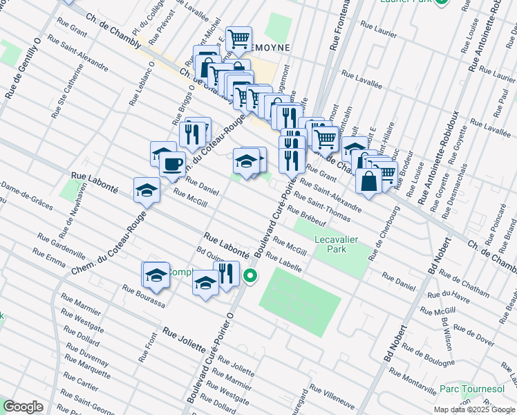 map of restaurants, bars, coffee shops, grocery stores, and more near 1835 Rue Daniel in Longueuil