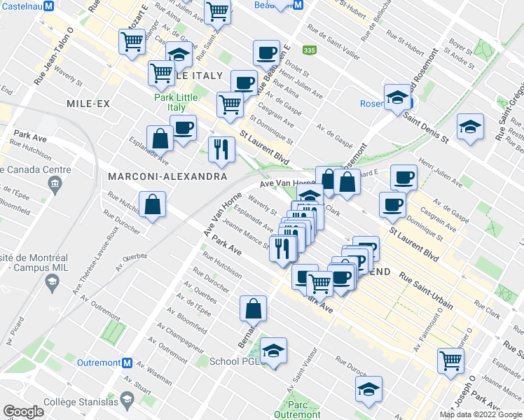 map of restaurants, bars, coffee shops, grocery stores, and more near 06026 Rue Waverly in Montréal