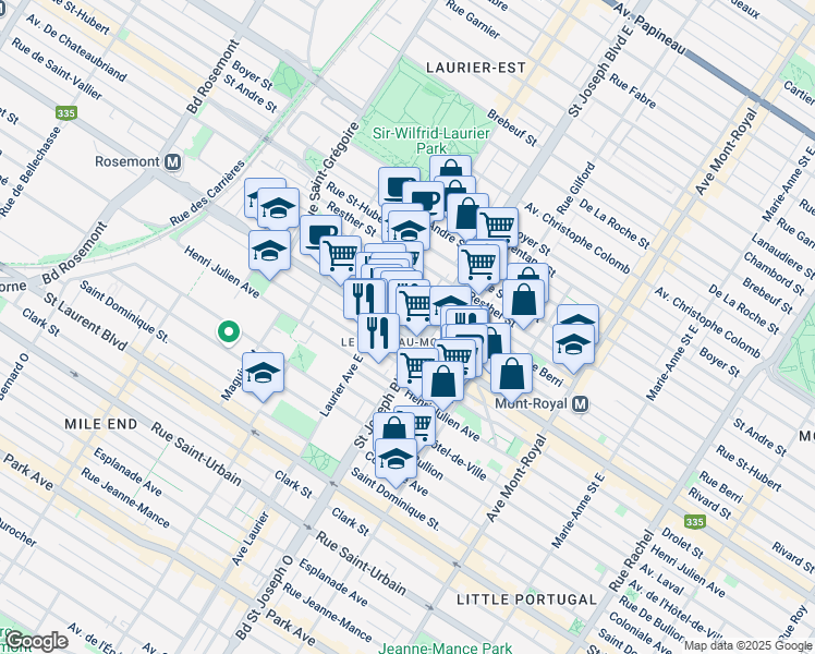 map of restaurants, bars, coffee shops, grocery stores, and more near 5019 Rue Saint-Denis in Montréal