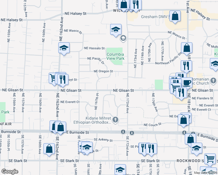 map of restaurants, bars, coffee shops, grocery stores, and more near 16863 Northeast Glisan Street in Portland