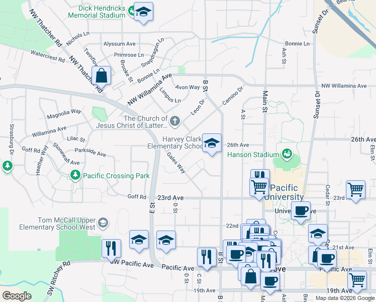 map of restaurants, bars, coffee shops, grocery stores, and more near 1635 Gales Court in Forest Grove