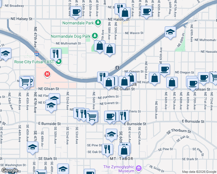 map of restaurants, bars, coffee shops, grocery stores, and more near 5755 Northeast Glisan Street in Portland