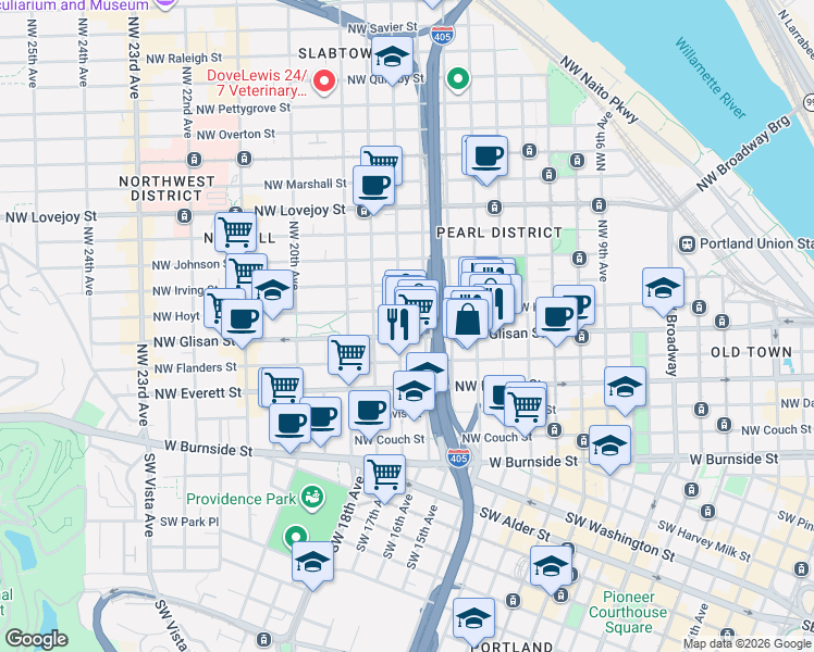 map of restaurants, bars, coffee shops, grocery stores, and more near in Portland