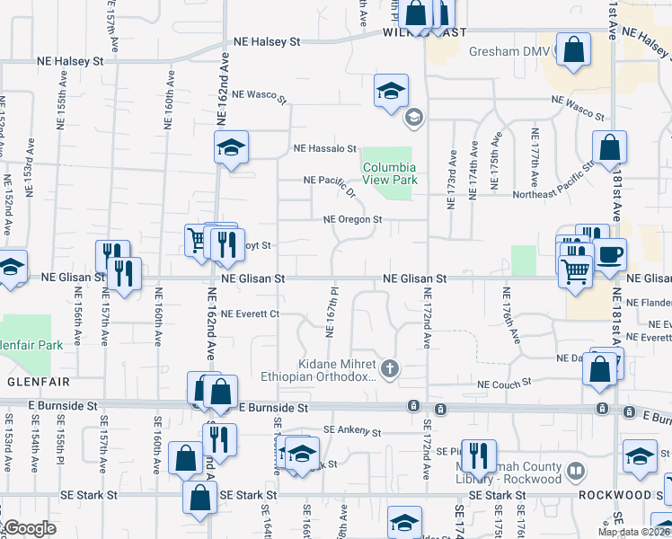 map of restaurants, bars, coffee shops, grocery stores, and more near 16739 Northeast Glisan Street in Portland