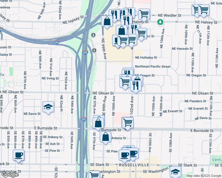 map of restaurants, bars, coffee shops, grocery stores, and more near 510-512 Northeast 100th Avenue in Portland