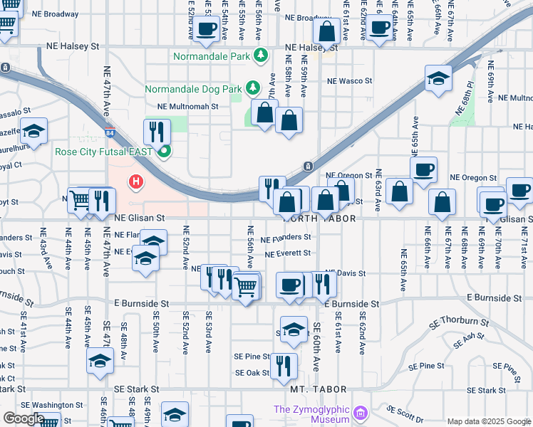 map of restaurants, bars, coffee shops, grocery stores, and more near 5634 Northeast Glisan Street in Portland