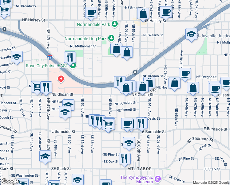 map of restaurants, bars, coffee shops, grocery stores, and more near 5634 Northeast Glisan Street in Portland