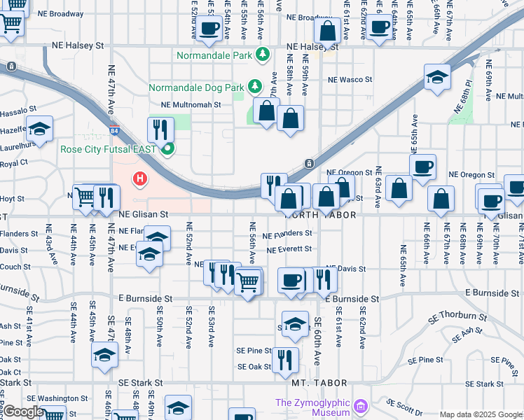 map of restaurants, bars, coffee shops, grocery stores, and more near 5634 Northeast Glisan Street in Portland