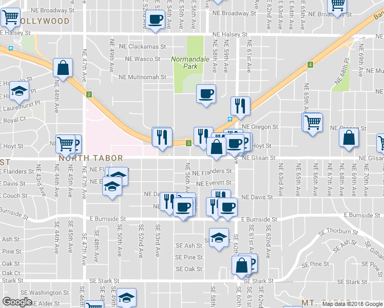 map of restaurants, bars, coffee shops, grocery stores, and more near 5634 Northeast Glisan Street in Portland