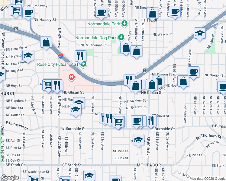 map of restaurants, bars, coffee shops, grocery stores, and more near 5525 Northeast Glisan Street in Portland