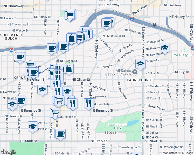 map of restaurants, bars, coffee shops, grocery stores, and more near 3229 Northeast Glisan Street in Portland