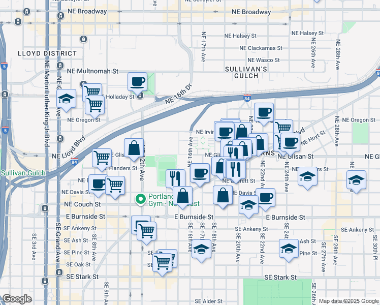 map of restaurants, bars, coffee shops, grocery stores, and more near 1626 Northeast Glisan Street in Portland
