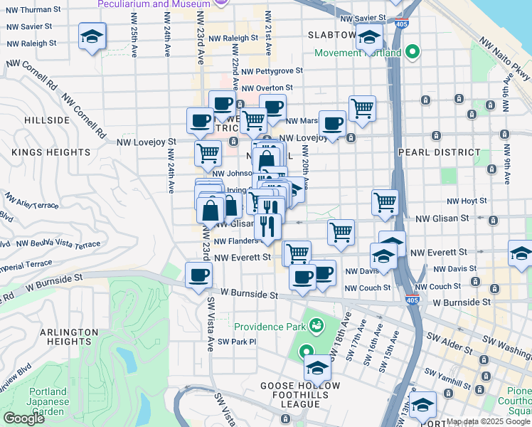 map of restaurants, bars, coffee shops, grocery stores, and more near 2145-2147 Northwest Glisan Street in Portland