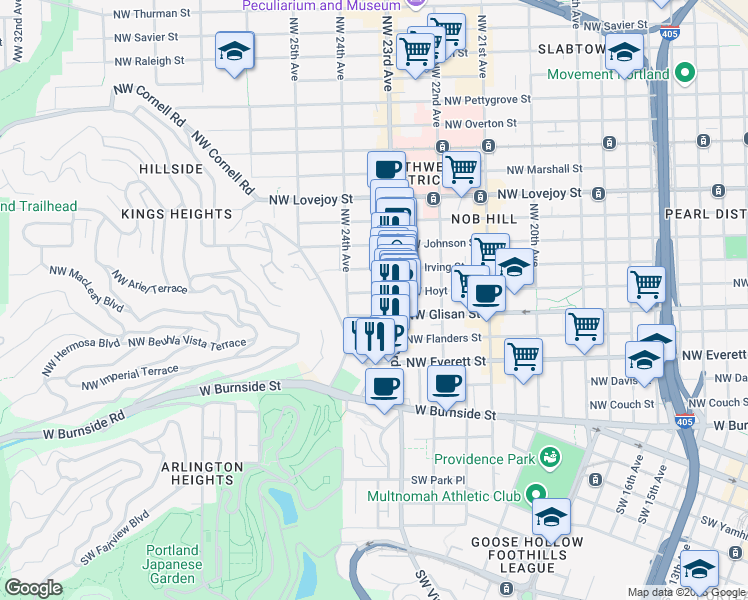 map of restaurants, bars, coffee shops, grocery stores, and more near in Portland