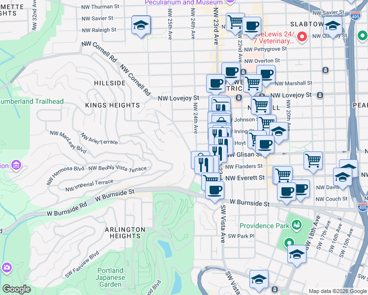 map of restaurants, bars, coffee shops, grocery stores, and more near 2445 Northwest Westover Road in Portland