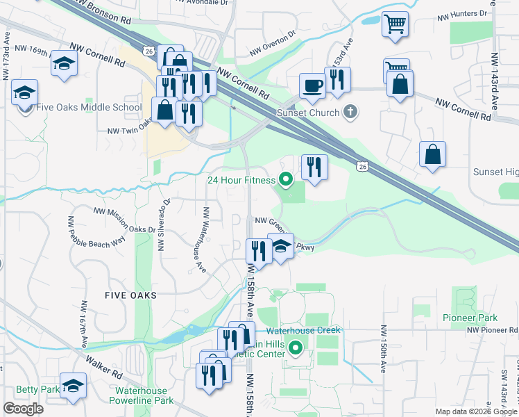 map of restaurants, bars, coffee shops, grocery stores, and more near in Beaverton