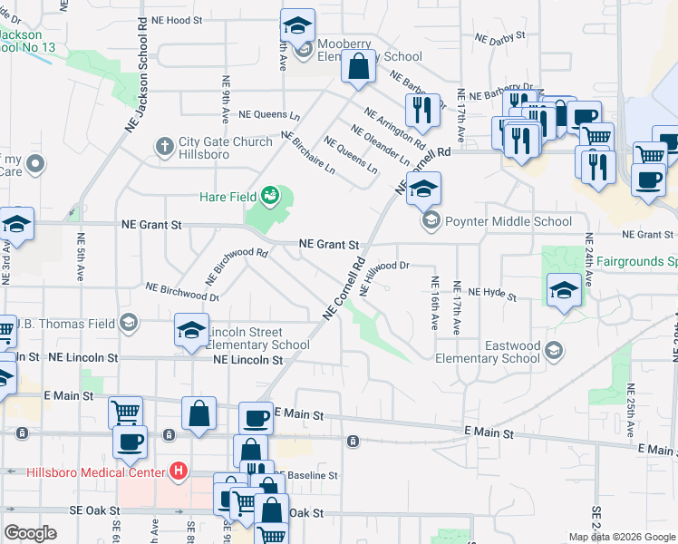 map of restaurants, bars, coffee shops, grocery stores, and more near 1193 Northeast Turner Drive in Hillsboro