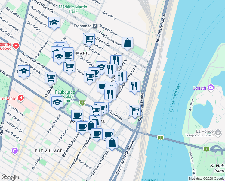 map of restaurants, bars, coffee shops, grocery stores, and more near 1451 Rue Parthenais in Montrã©Al