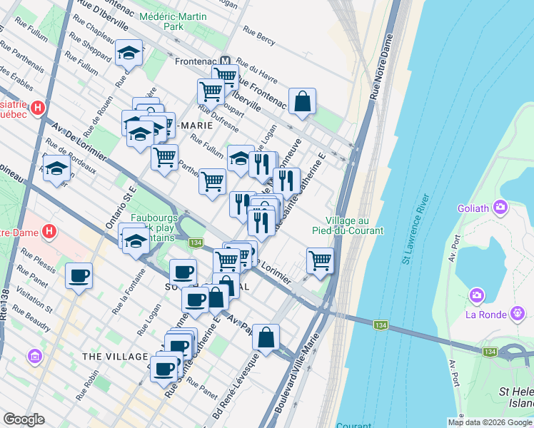 map of restaurants, bars, coffee shops, grocery stores, and more near 1451 Rue Parthenais in Montrã©Al