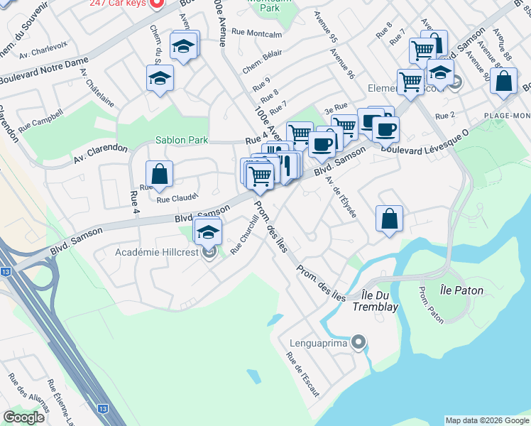map of restaurants, bars, coffee shops, grocery stores, and more near 25 Promenade des Îles in Laval