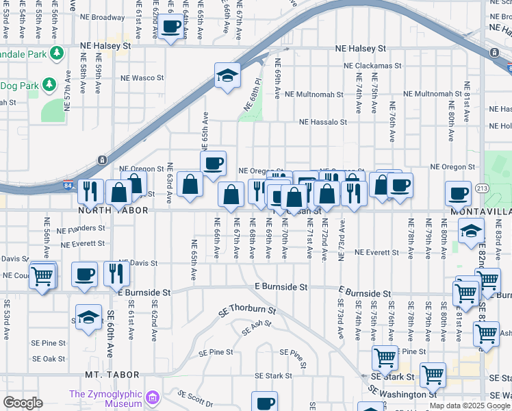 map of restaurants, bars, coffee shops, grocery stores, and more near 6805 Northeast Glisan Street in Portland
