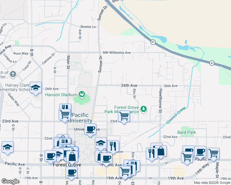 map of restaurants, bars, coffee shops, grocery stores, and more near 2327 25th Avenue in Forest Grove