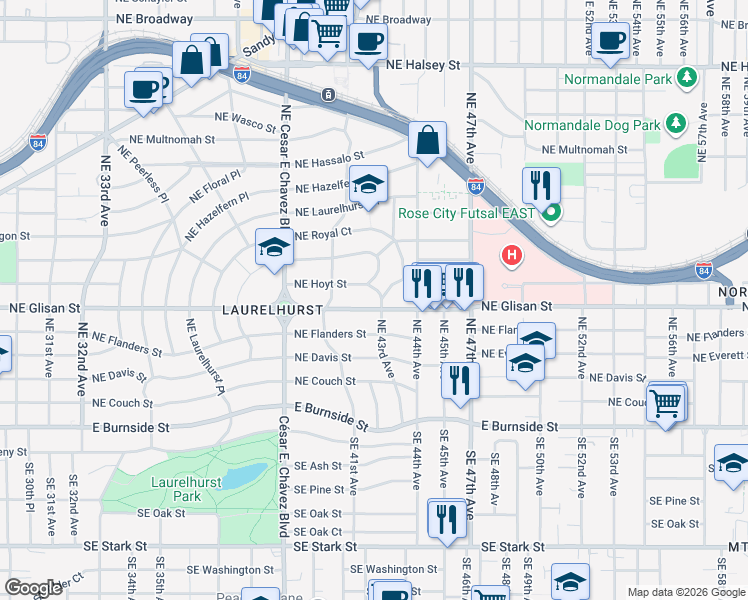 map of restaurants, bars, coffee shops, grocery stores, and more near 4246 Northeast Hoyt Street in Portland