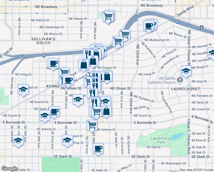 map of restaurants, bars, coffee shops, grocery stores, and more near 502 Northeast 29th Avenue in Portland