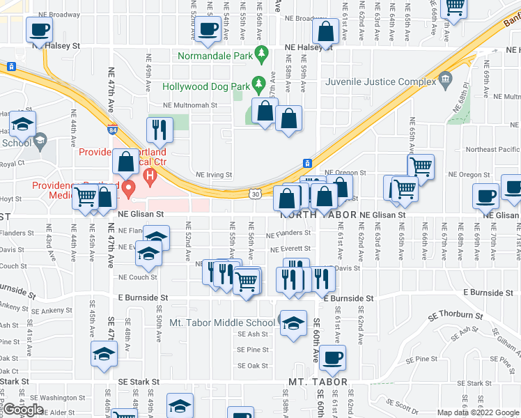 map of restaurants, bars, coffee shops, grocery stores, and more near 5625 Northeast Glisan Street in Portland