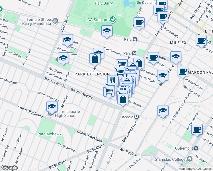 map of restaurants, bars, coffee shops, grocery stores, and more near 7469 Avenue Wiseman in Montréal