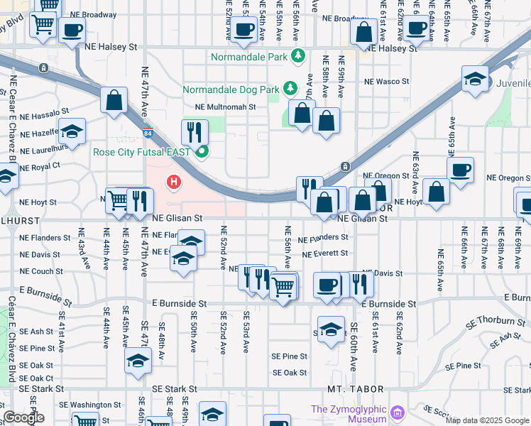 map of restaurants, bars, coffee shops, grocery stores, and more near 5425 Northeast Glisan Street in Portland