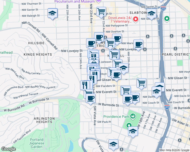 map of restaurants, bars, coffee shops, grocery stores, and more near 530 Northwest 23rd Avenue in Portland