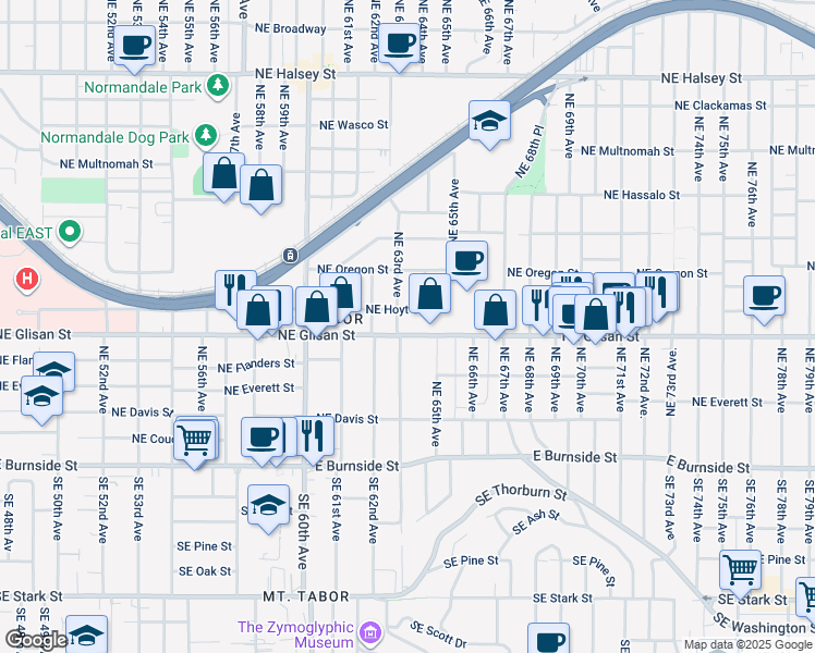 map of restaurants, bars, coffee shops, grocery stores, and more near 6307-6341 Northeast Glisan Street in Portland