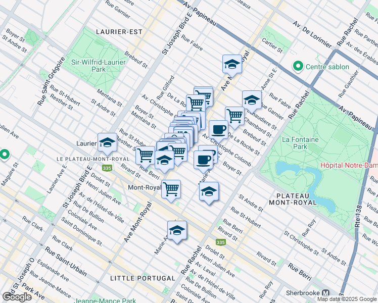 map of restaurants, bars, coffee shops, grocery stores, and more near 4458 Rue de Mentana in Montréal