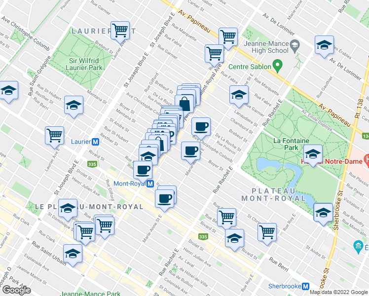 map of restaurants, bars, coffee shops, grocery stores, and more near 4406 Rue Boyer in Montréal