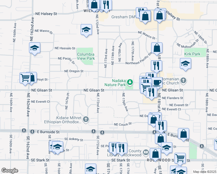 map of restaurants, bars, coffee shops, grocery stores, and more near 17309 Northeast Glisan Street in Portland