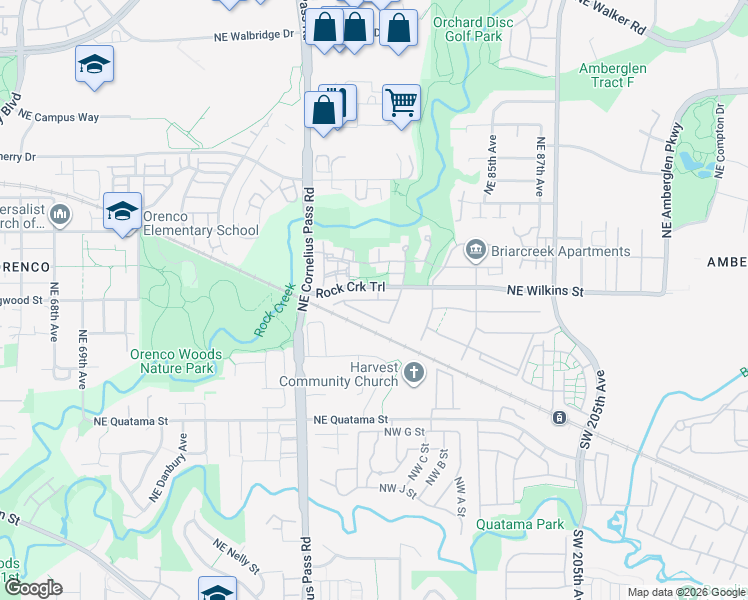 map of restaurants, bars, coffee shops, grocery stores, and more near 21321 Northwest Rockne Way in Hillsboro