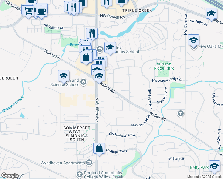 map of restaurants, bars, coffee shops, grocery stores, and more near 18300 Northwest Walker Road in Beaverton
