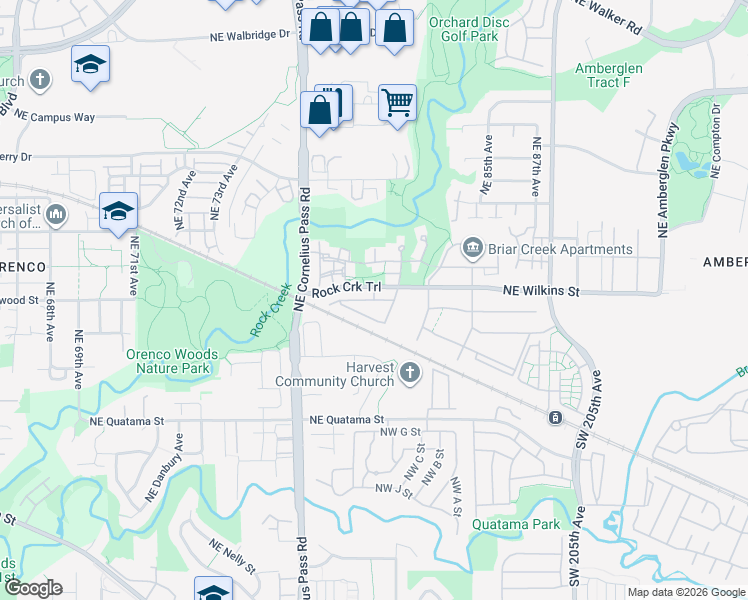 map of restaurants, bars, coffee shops, grocery stores, and more near Northeast Rockne Way in Hillsboro