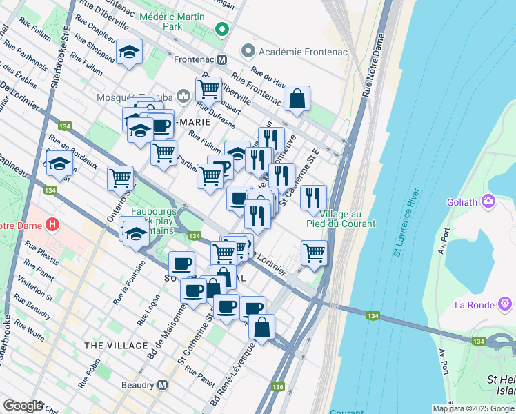 map of restaurants, bars, coffee shops, grocery stores, and more near 1451 Rue Parthenais in Montréal
