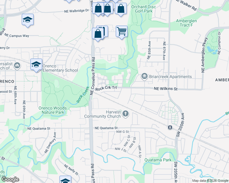map of restaurants, bars, coffee shops, grocery stores, and more near Northeast Rockne Way in Hillsboro