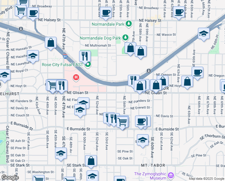 map of restaurants, bars, coffee shops, grocery stores, and more near 5301 Northeast Glisan Street in Portland