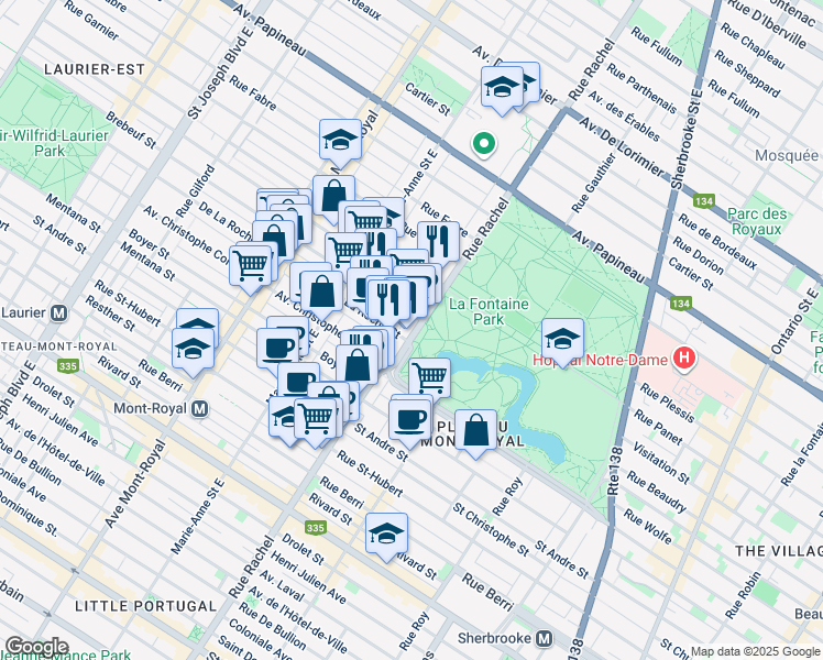 map of restaurants, bars, coffee shops, grocery stores, and more near 1221 Rue Rachel Est in Montréal