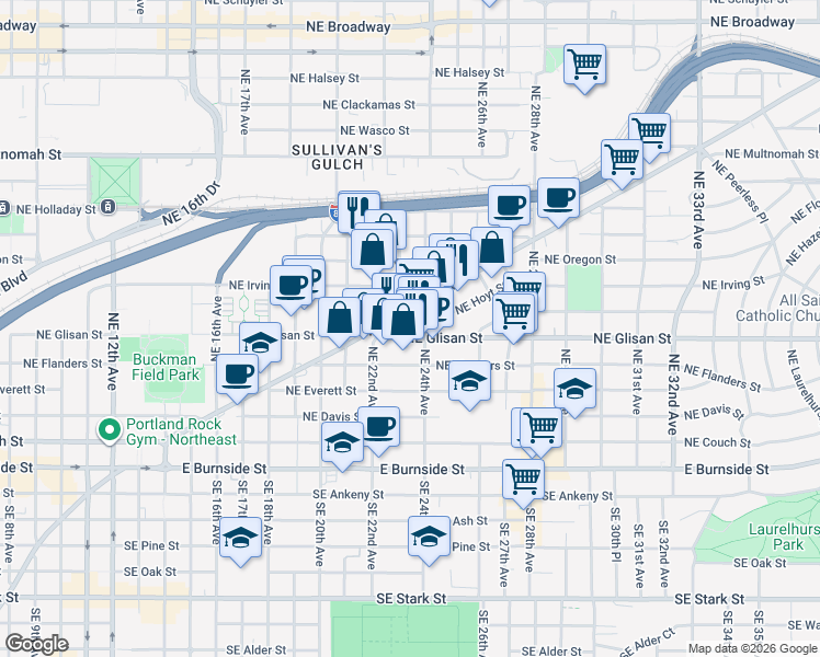 map of restaurants, bars, coffee shops, grocery stores, and more near in Portland