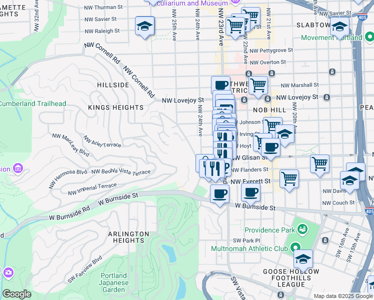 map of restaurants, bars, coffee shops, grocery stores, and more near 2445 Northwest Westover Road in Portland