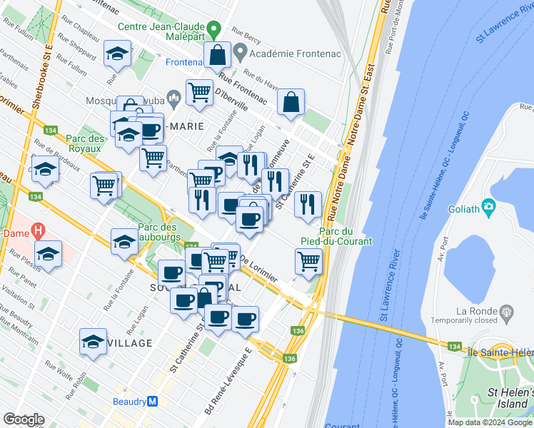 map of restaurants, bars, coffee shops, grocery stores, and more near 2229 Rue Sainte-Catherine Est in Montréal