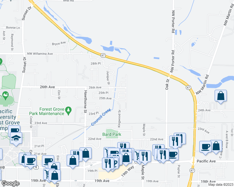 map of restaurants, bars, coffee shops, grocery stores, and more near 2530 Carson Loop in Forest Grove